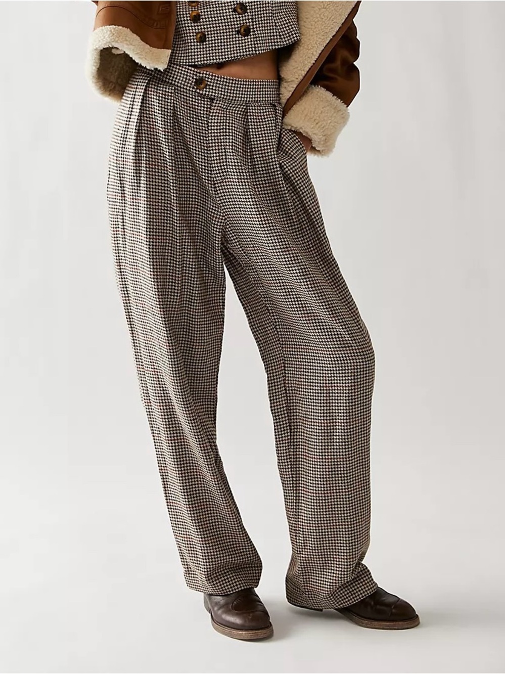 Free People Gabbie Trousers High Rise Linen Blend Houndstooth Cinch Back Pants 4